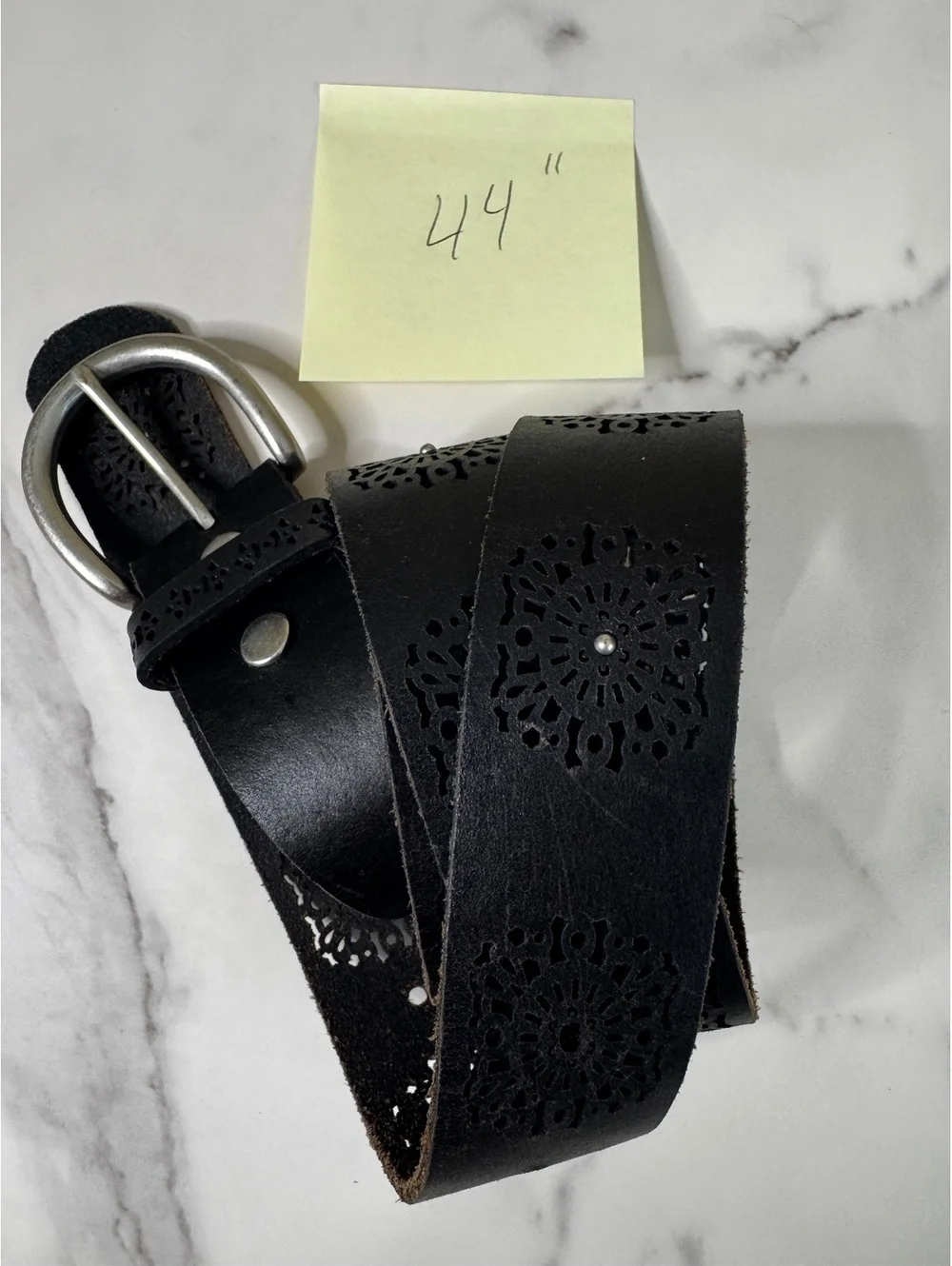 Lucky Brand Leather Belt Large Black Laser Cut Floral Pattern 44